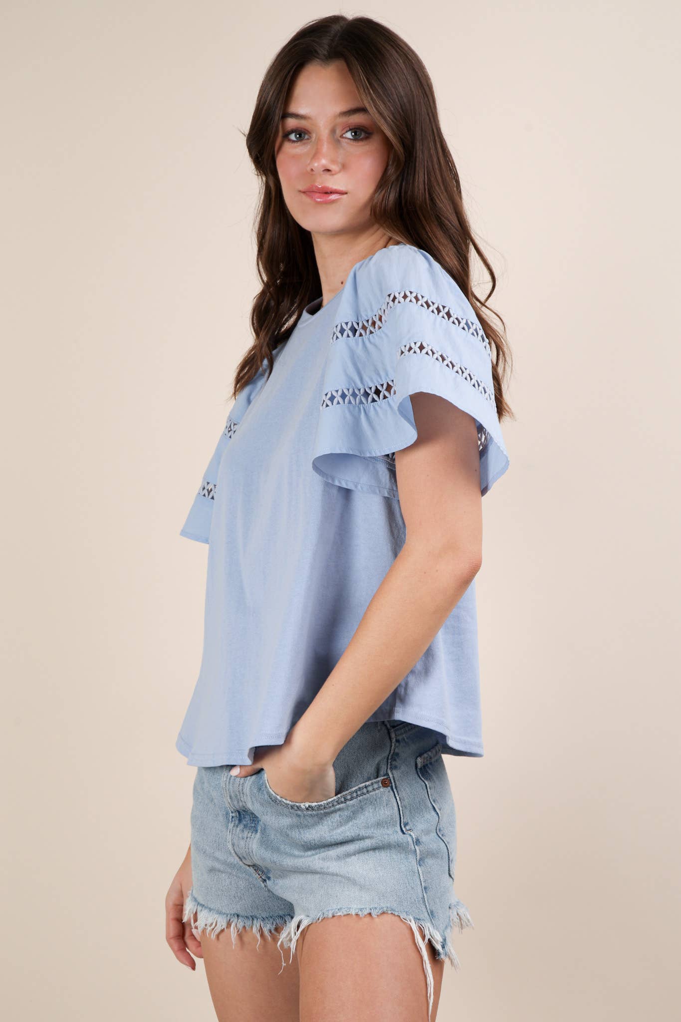 NT11953-Lace Trim Sleeve Solid Knit Top