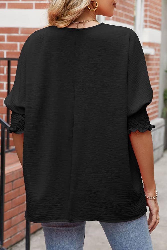 Plain Half Sleeves Smocked Cuff Top