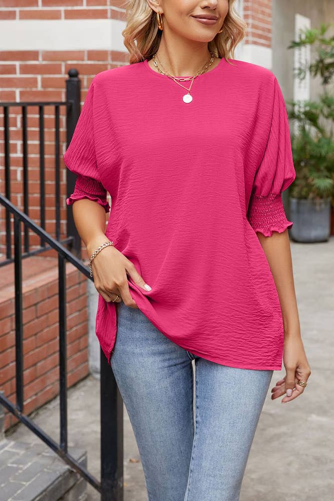 Plain Half Sleeves Smocked Cuff Top