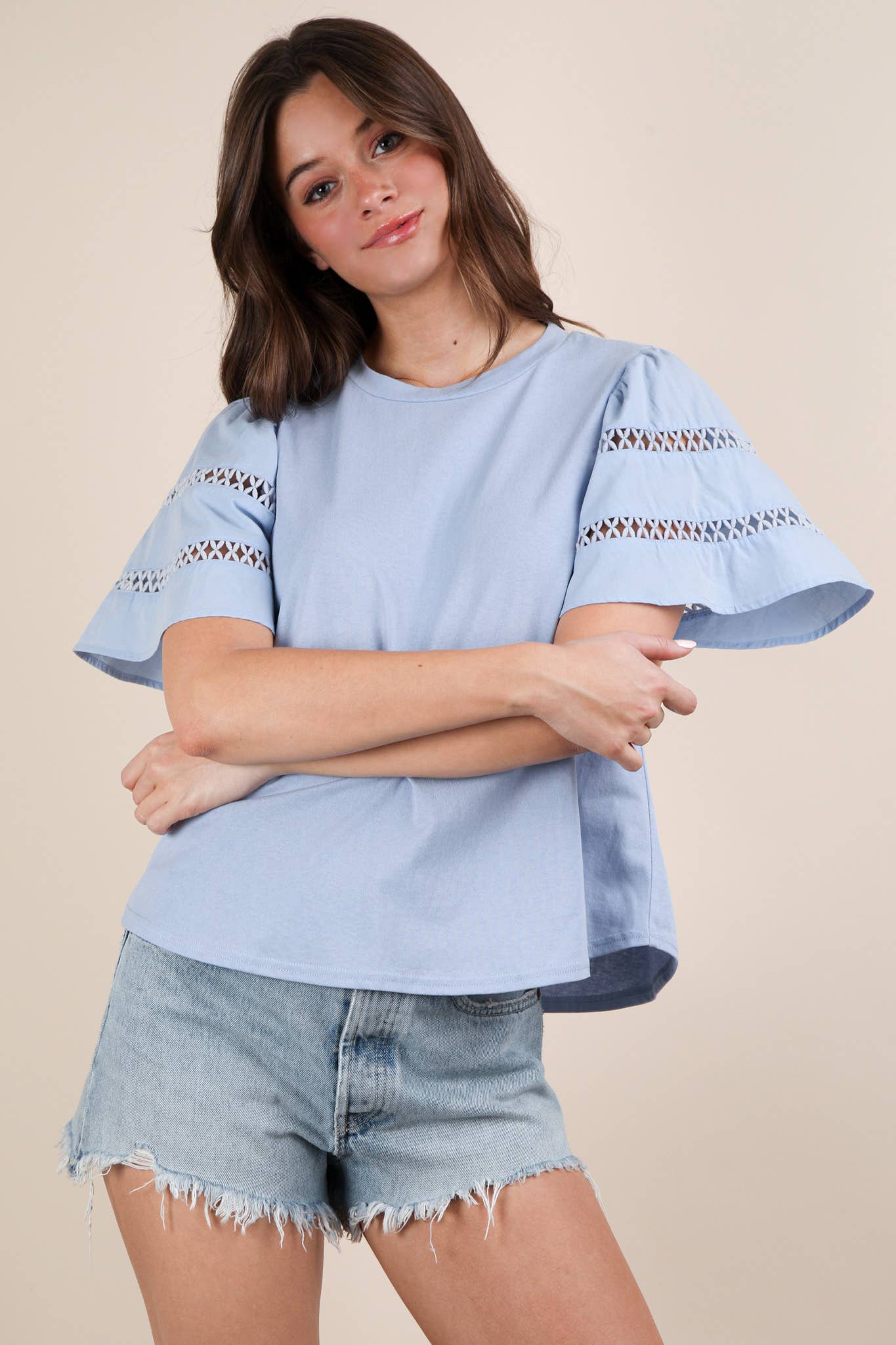 NT11953-Lace Trim Sleeve Solid Knit Top