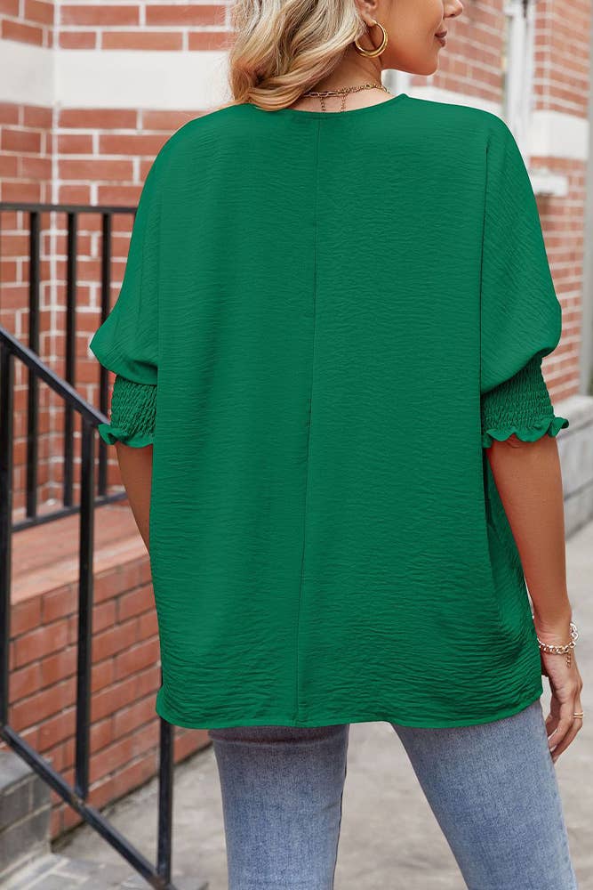 Plain Half Sleeves Smocked Cuff Top