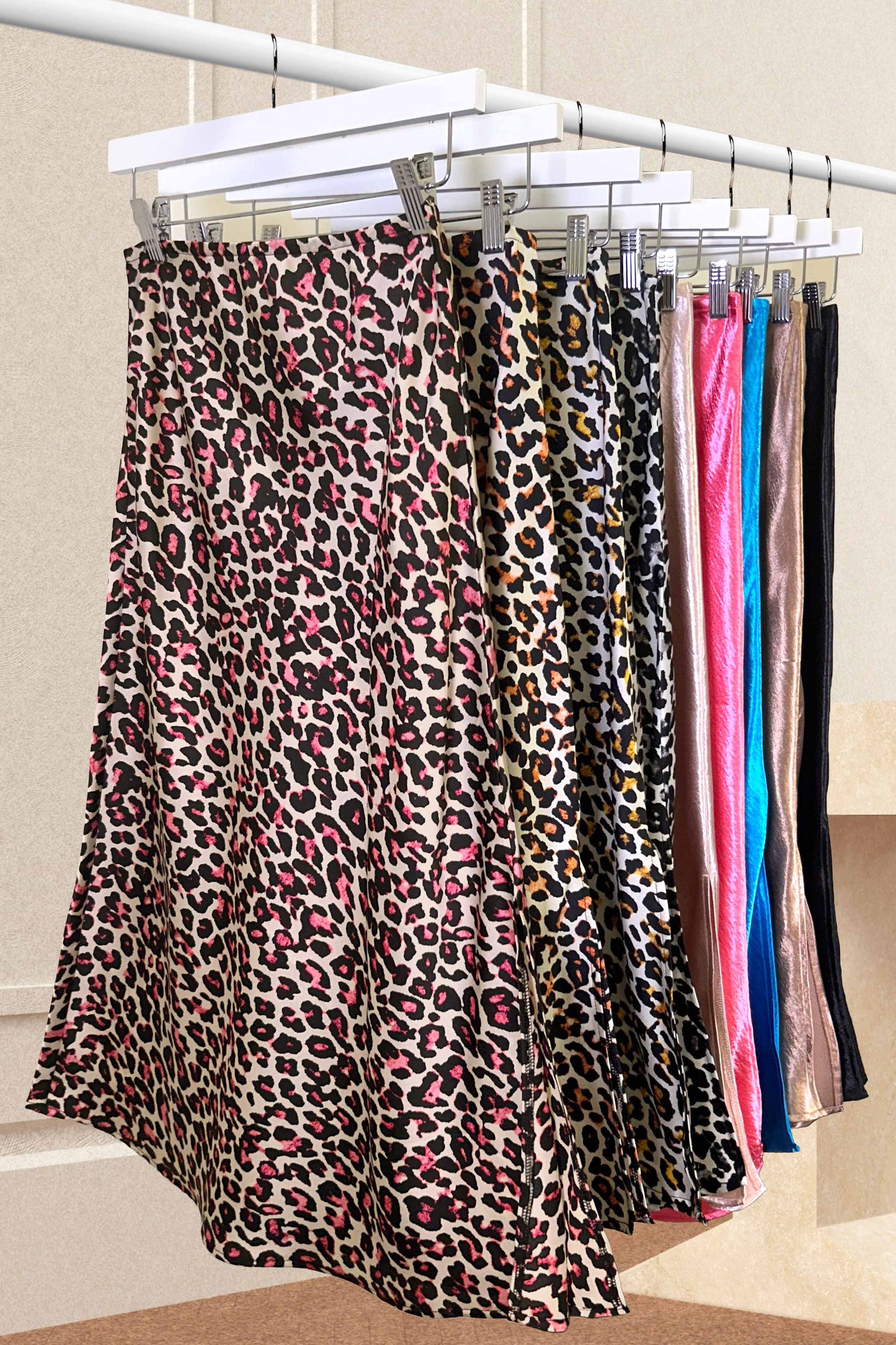 High-Waisted Midi Length Satin Effect Leopard Skirt