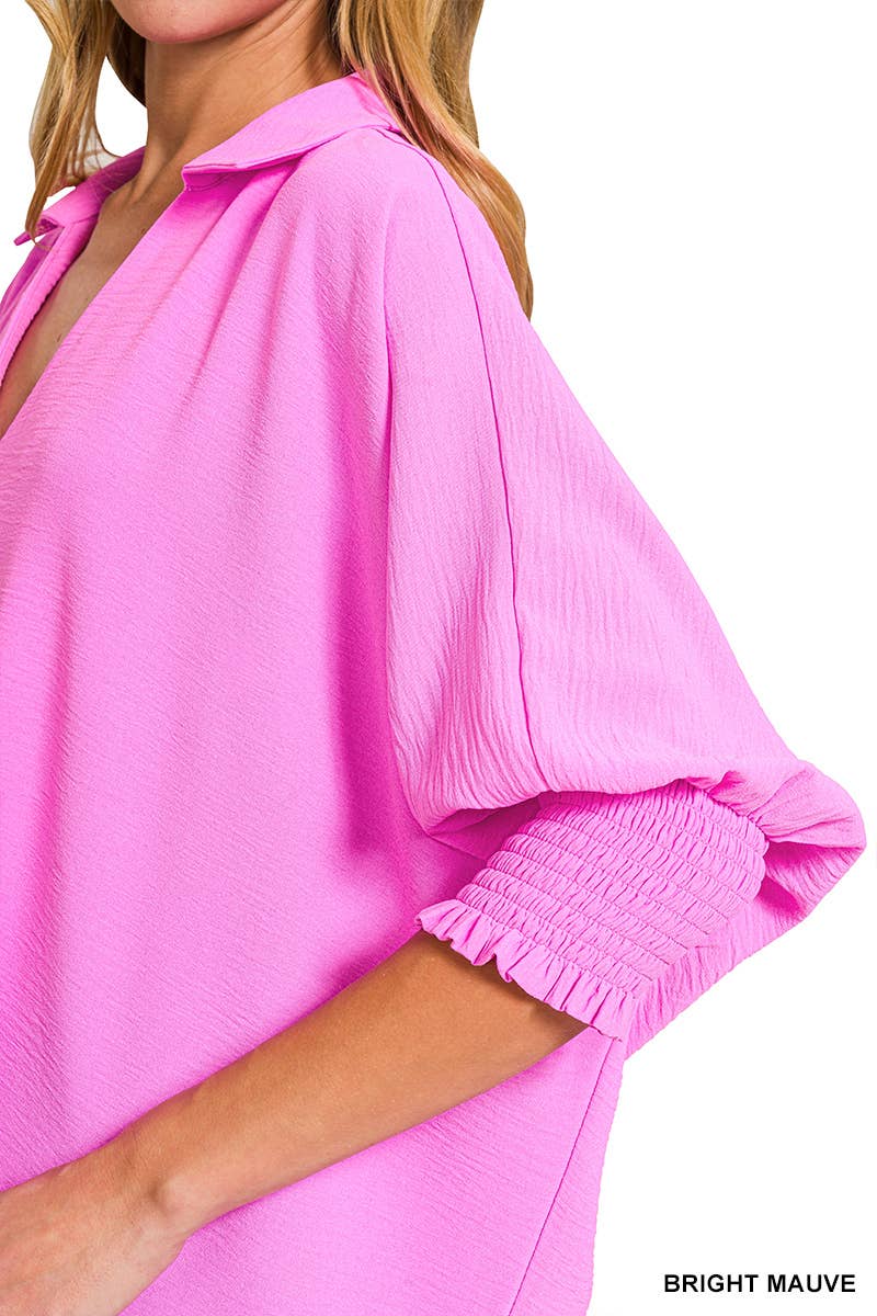 Air Flow Collar Tee With Smocked Sleeve Band Top