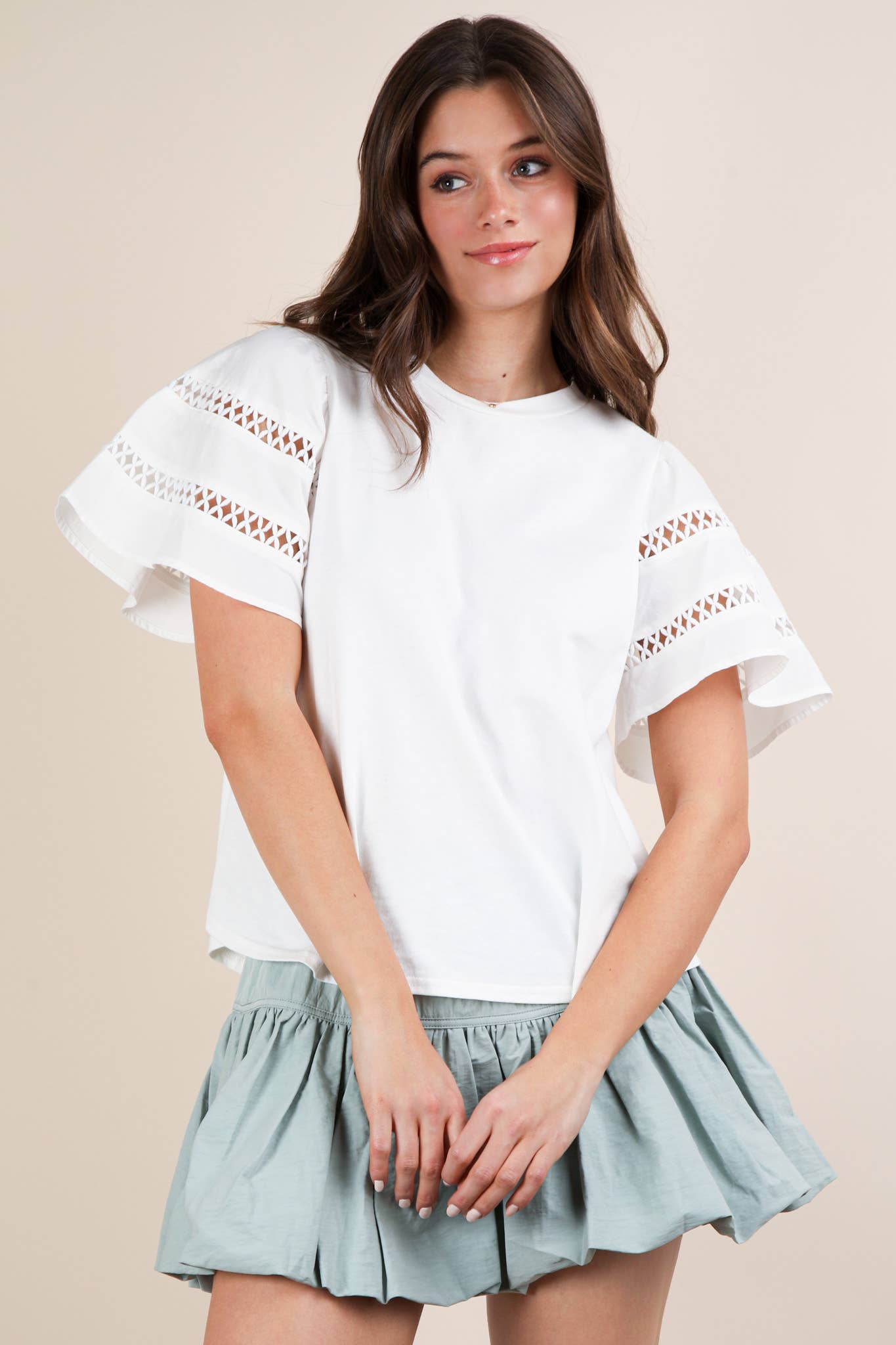 NT11953-Lace Trim Sleeve Solid Knit Top