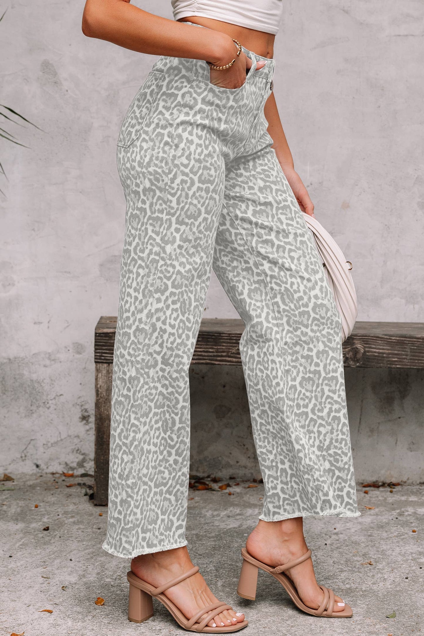 LAS Leopard Frayed Edge Wide Leg High Waist Jeans (4-16)