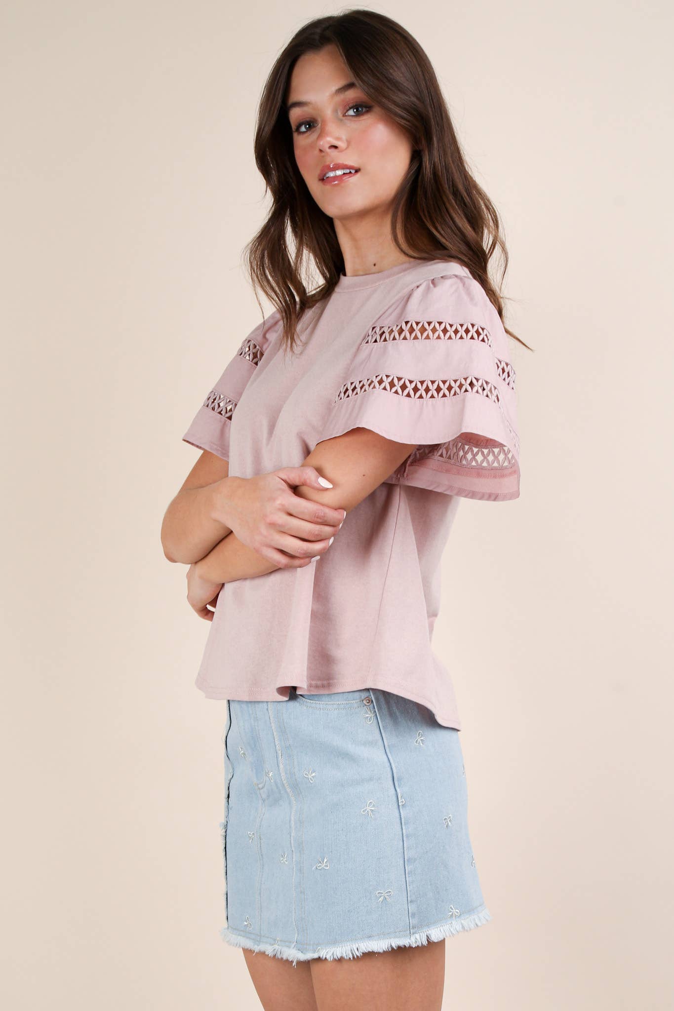NT11953-Lace Trim Sleeve Solid Knit Top