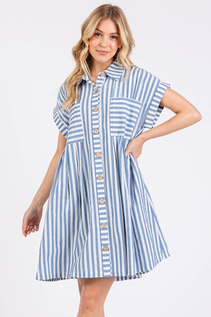 GAME DAY COTTON STRIPED BUTTON DOWN TUNIC DRESS