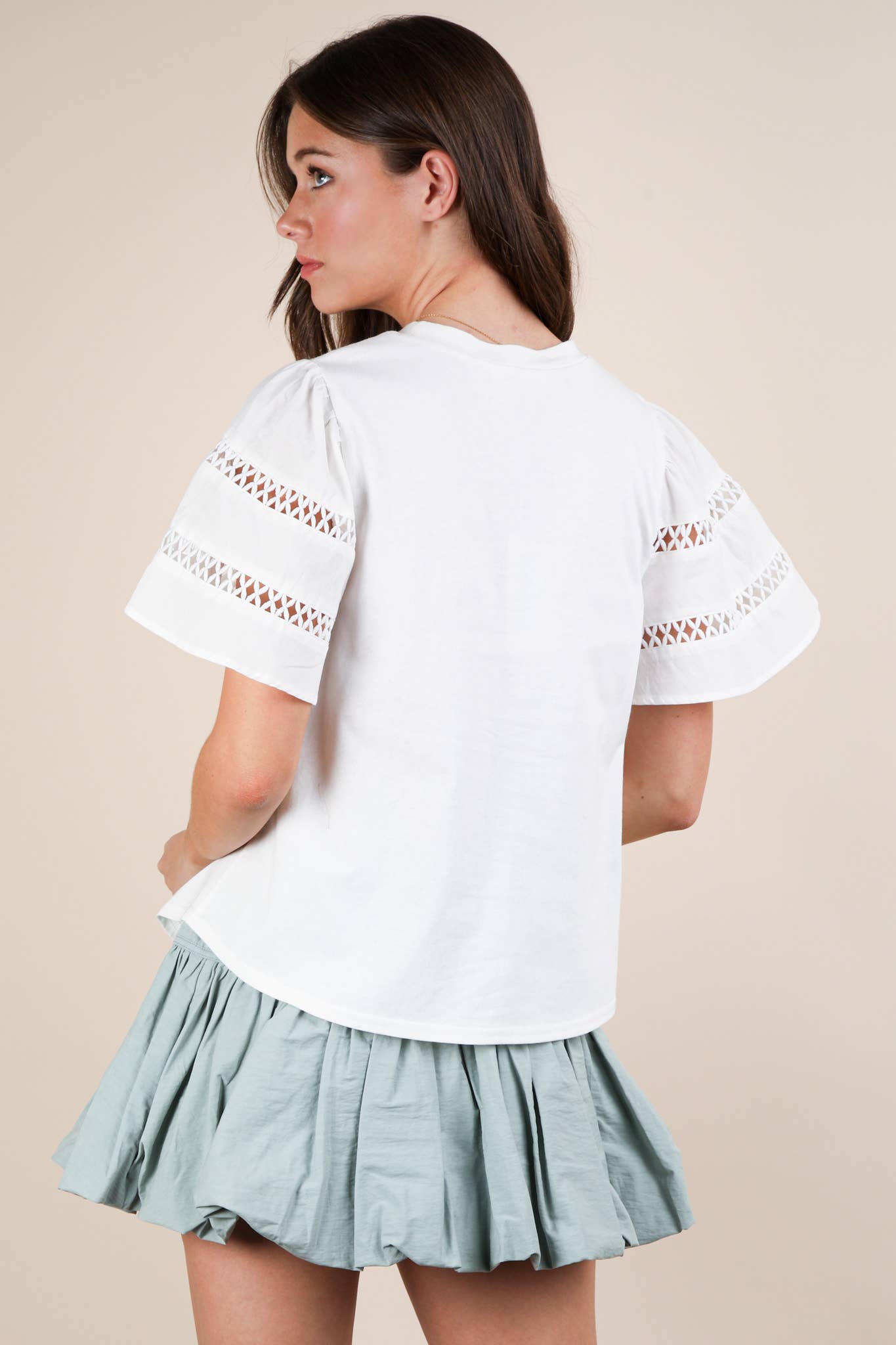 NT11953-Lace Trim Sleeve Solid Knit Top
