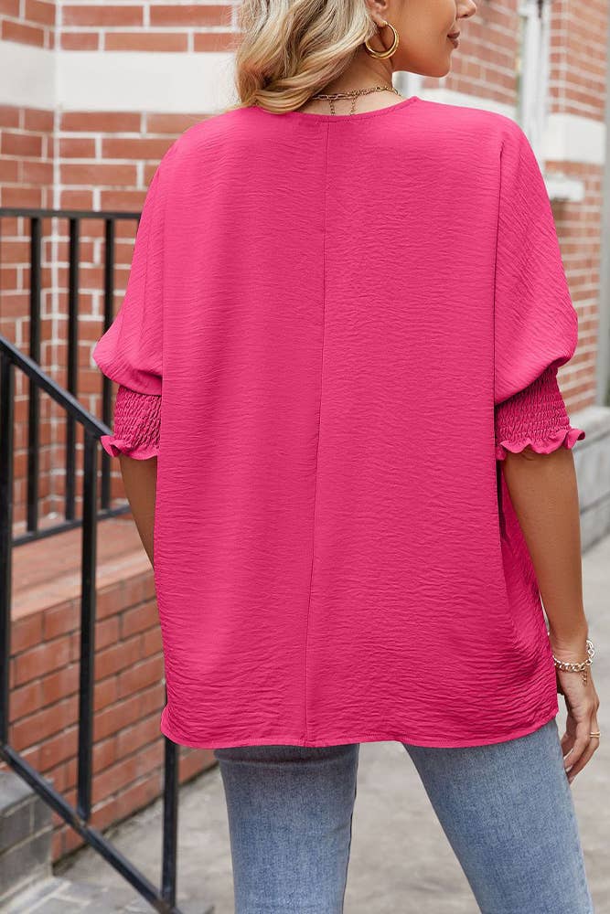 Plain Half Sleeves Smocked Cuff Top