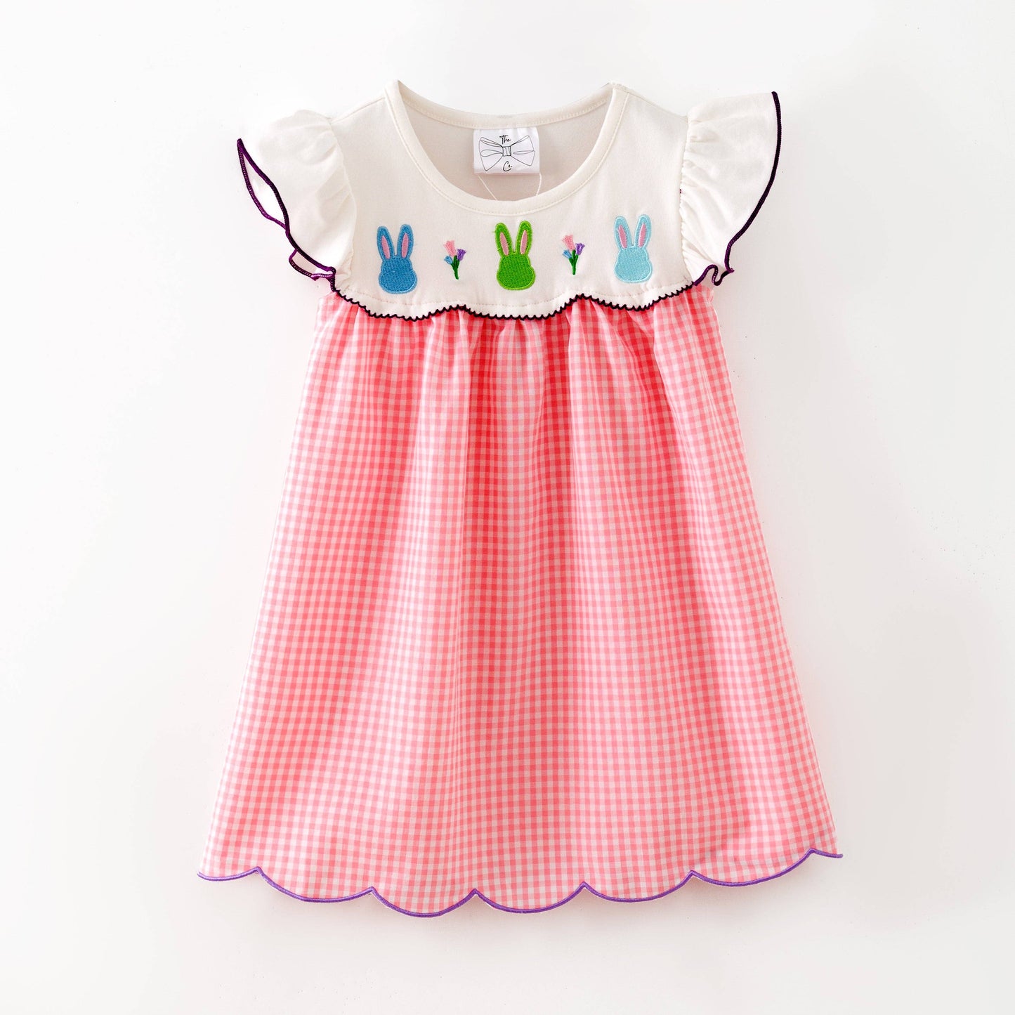 Embroidered Bunnies Pink Gingham Dress