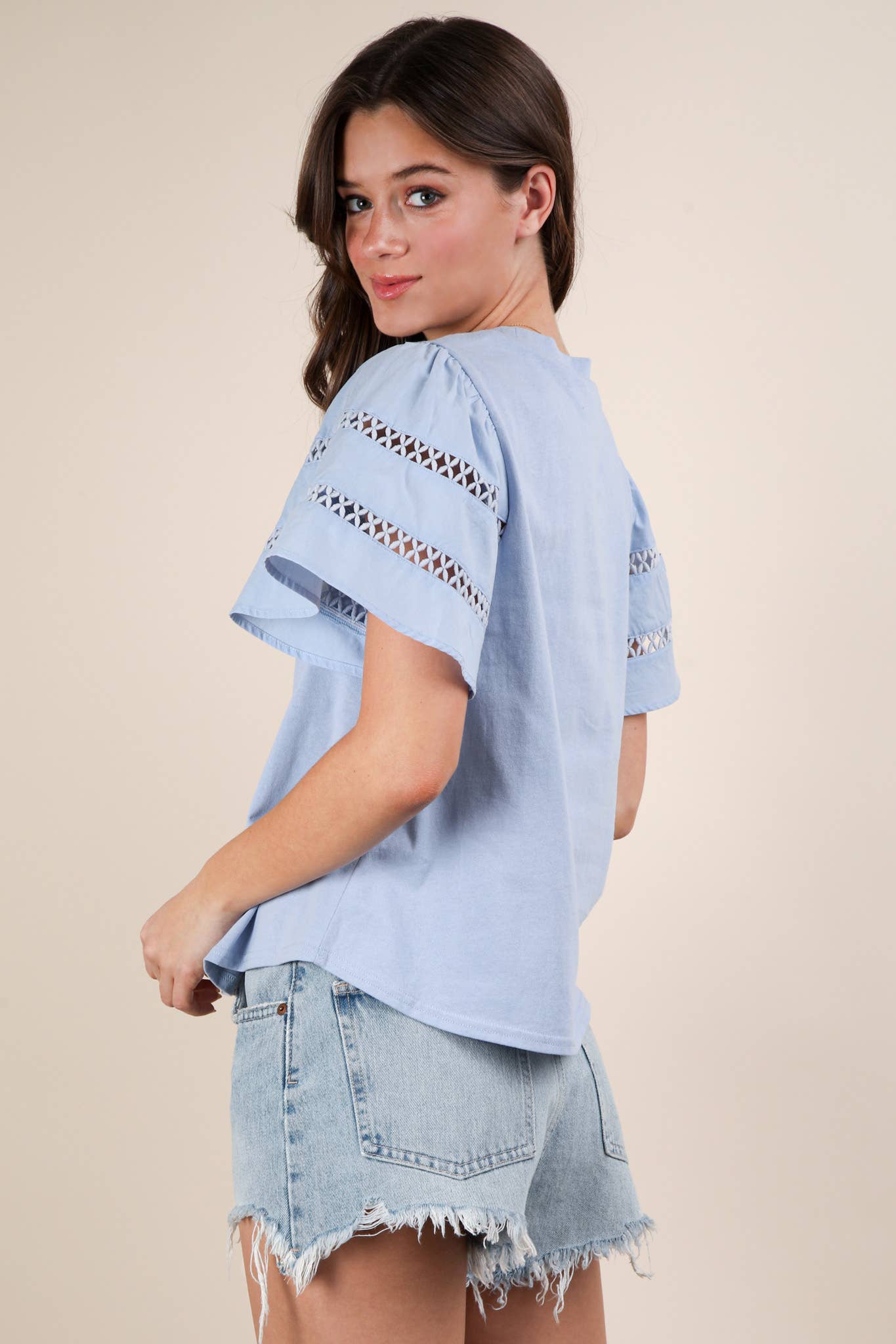 NT11953-Lace Trim Sleeve Solid Knit Top
