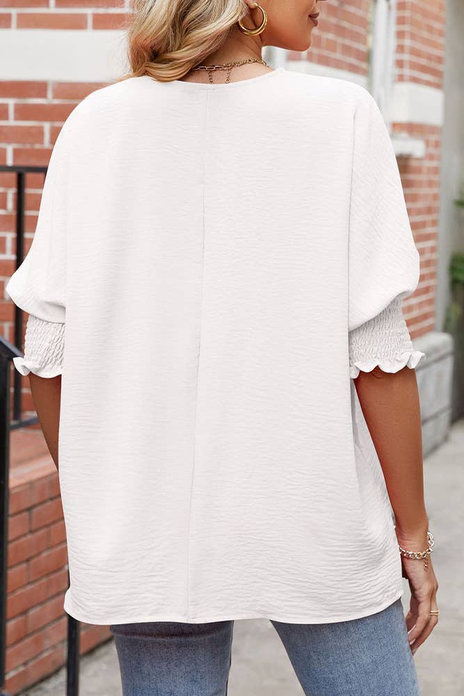Plain Half Sleeves Smocked Cuff Top
