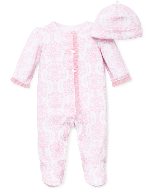 Damask Scroll Footie w/Hat - pink