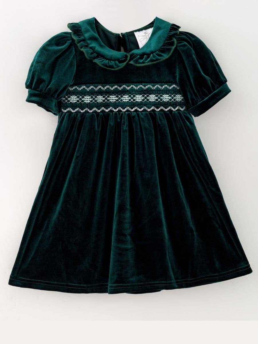 Girls Velvet Smocked Peter Pan Collar Dress