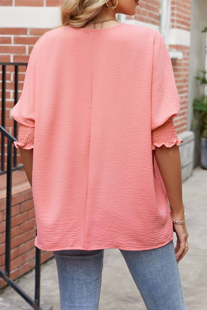 Plain Half Sleeves Smocked Cuff Top