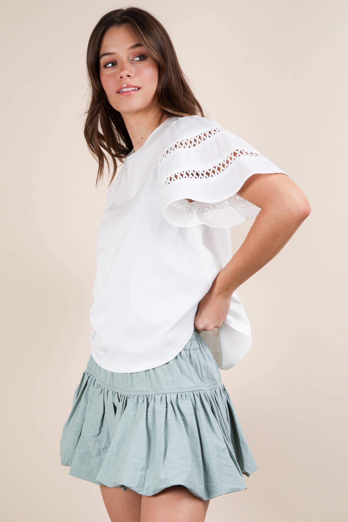 NT11953-Lace Trim Sleeve Solid Knit Top