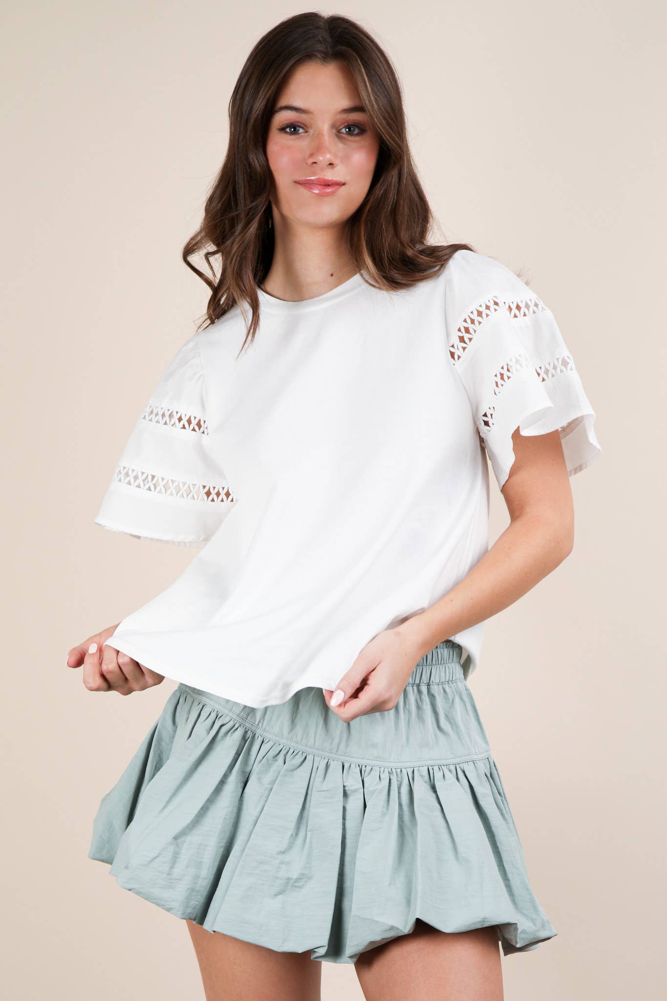 NT11953-Lace Trim Sleeve Solid Knit Top