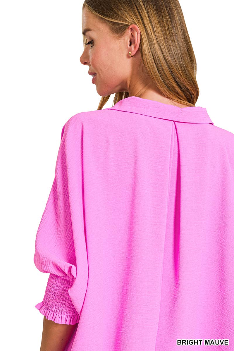 Air Flow Collar Tee With Smocked Sleeve Band Top