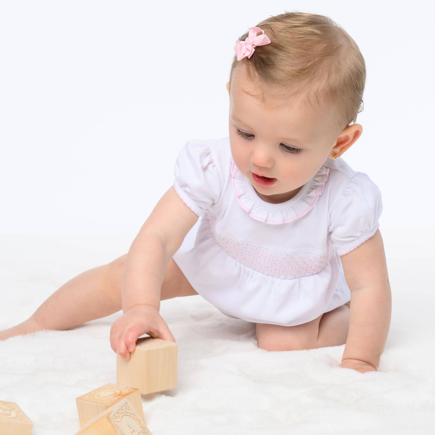 Essentials Solid Smocked Bubble - White Pink