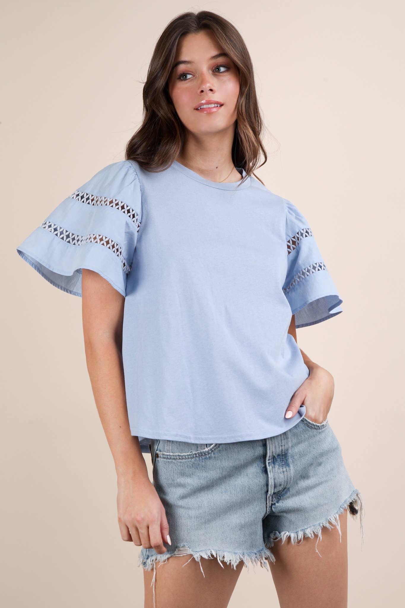 NT11953-Lace Trim Sleeve Solid Knit Top