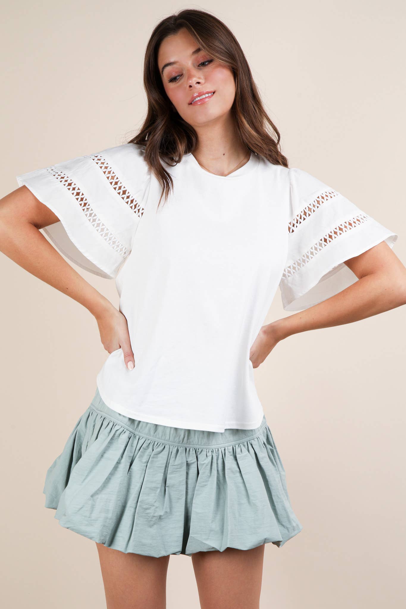 NT11953-Lace Trim Sleeve Solid Knit Top