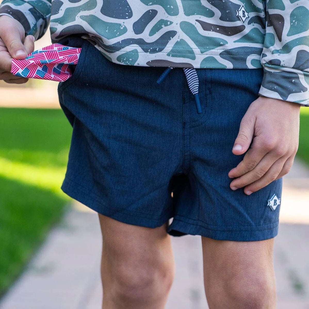 Youth Athletic Short- Heather Navy American Flag Liner