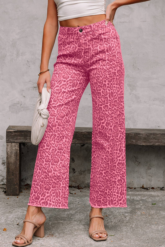 LAS Leopard Frayed Edge Wide Leg High Waist Jeans (4-16)