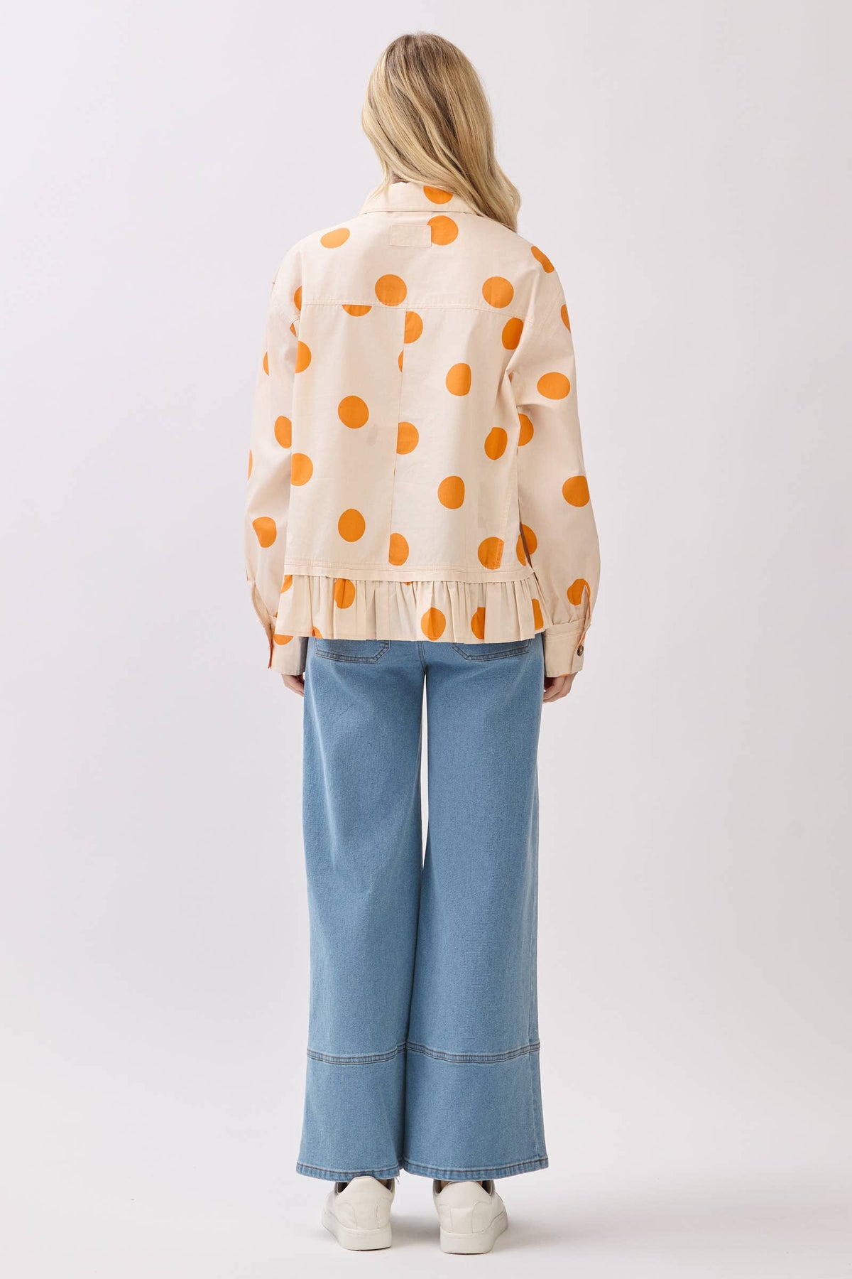 Polka Dot Ruffle Hem Long Sleeve Shirt
