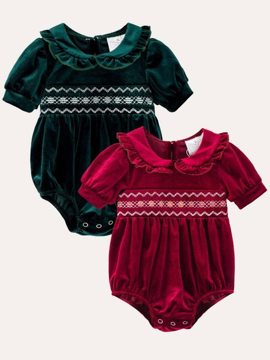 Velvet Smocked Peter Pan Bubble Romper