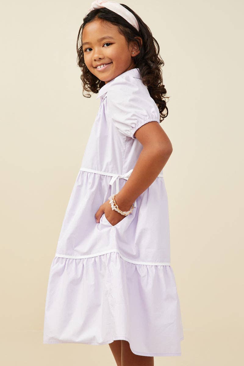 Girls Contrast Piping Ribbon Buttoned Dress