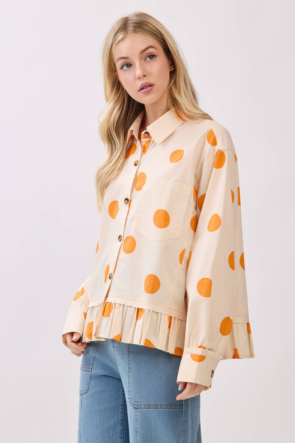 Polka Dot Ruffle Hem Long Sleeve Shirt