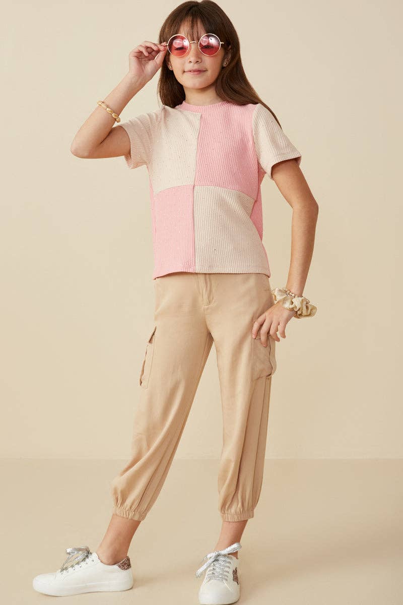 Girls Contrast Panel Jewel Studded Rib Knit Tee