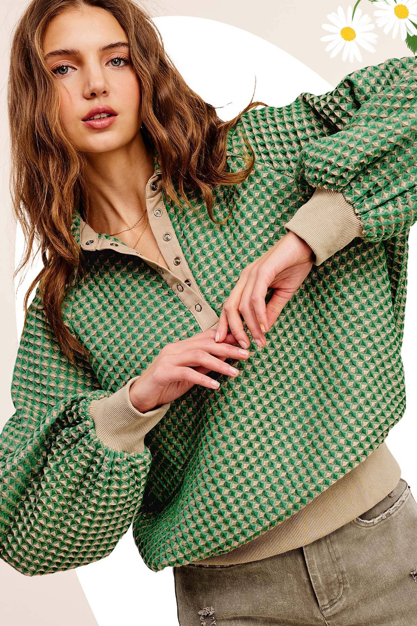 Unique Two Tone Textured Snap Button Front Top