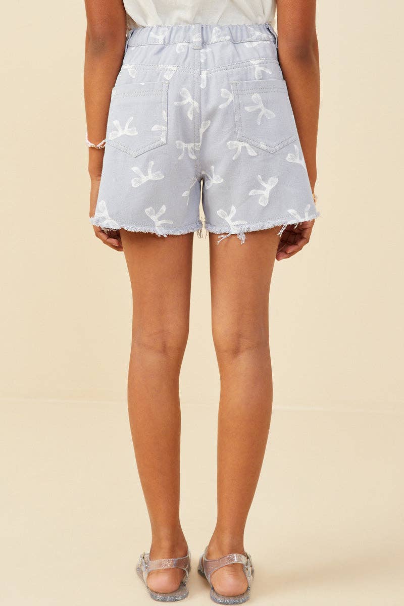 Girls Bow Printed Distressed Denim Shorts