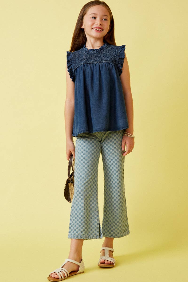 Girls Ruffle Detailed Smocked Denim Tencel Tank