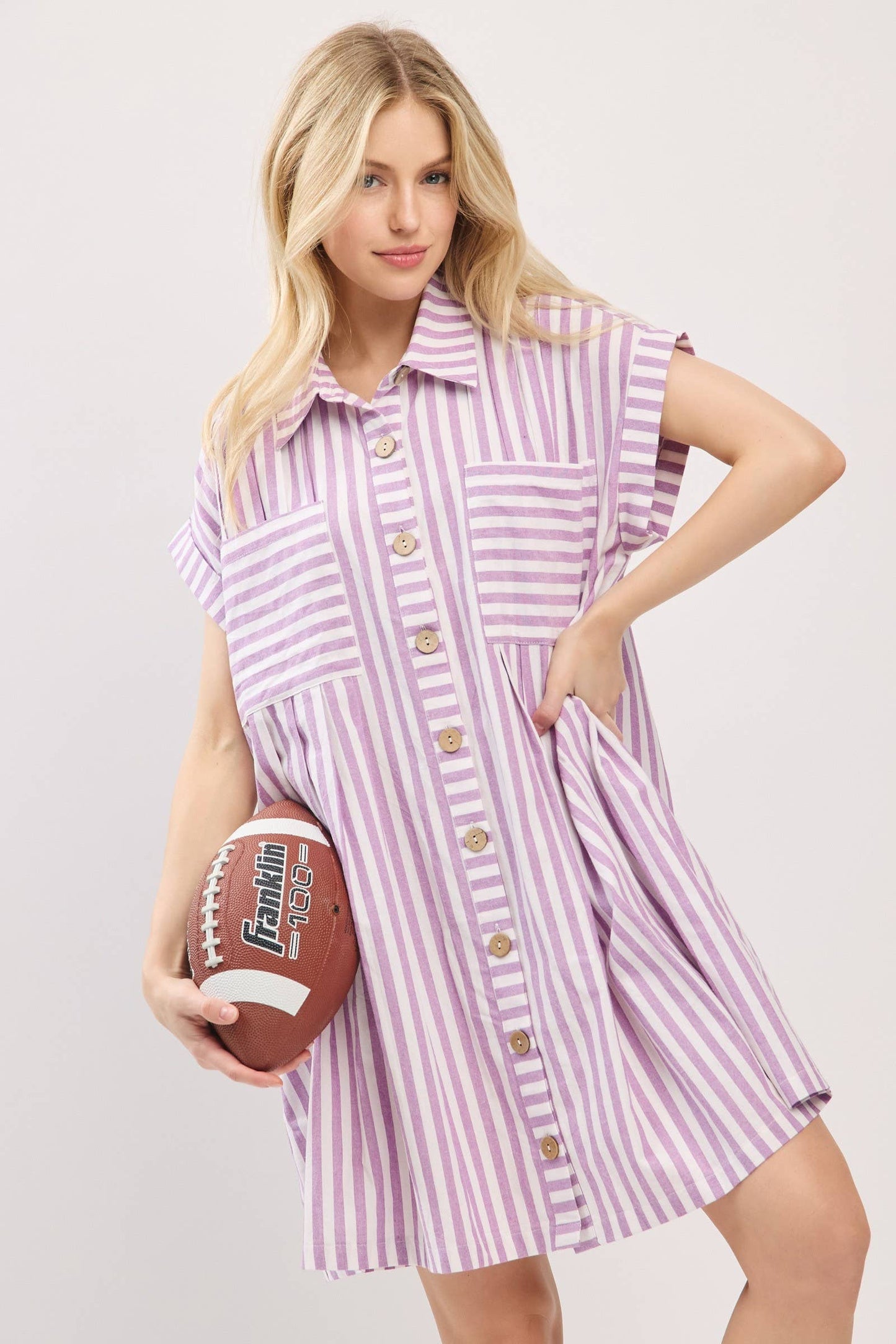 GAME DAY COTTON STRIPED BUTTON DOWN TUNIC DRESS