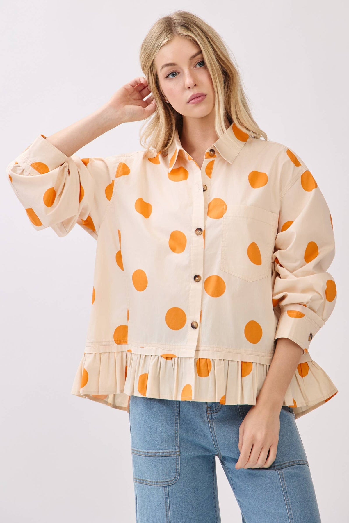 Polka Dot Ruffle Hem Long Sleeve Shirt