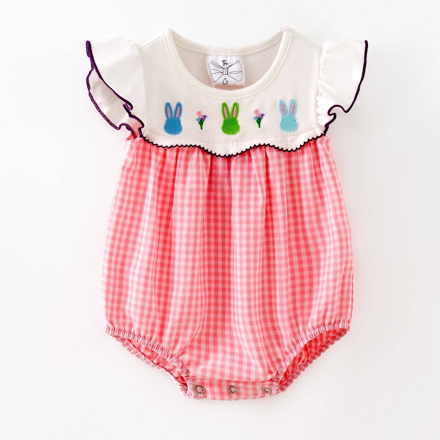 Embroidered Bunnies Pink Gingham Infant Romper