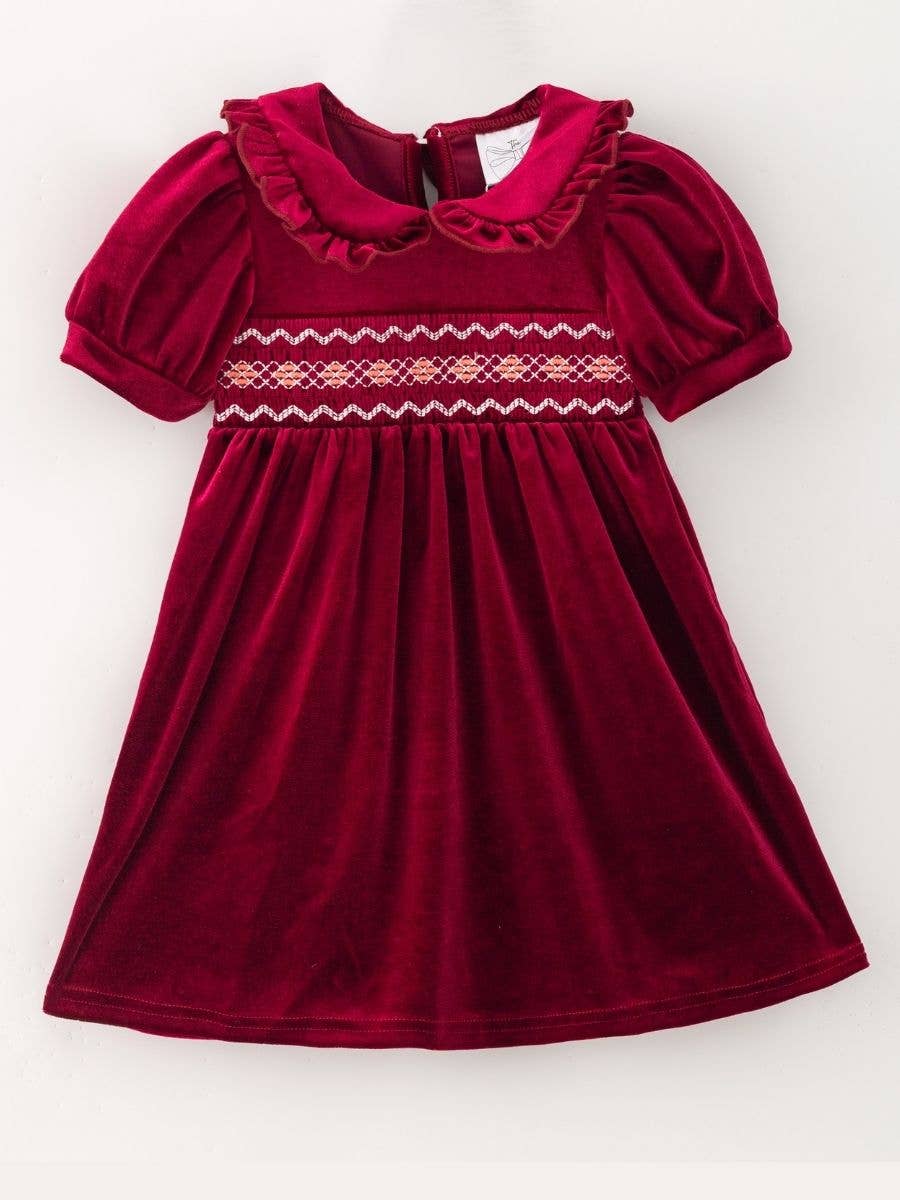 Girls Velvet Smocked Peter Pan Collar Dress