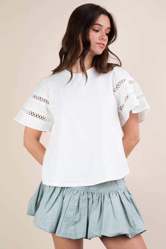 NT11953-Lace Trim Sleeve Solid Knit Top