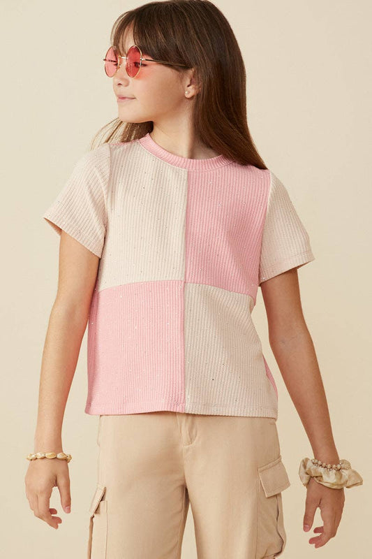 Girls Contrast Panel Jewel Studded Rib Knit Tee
