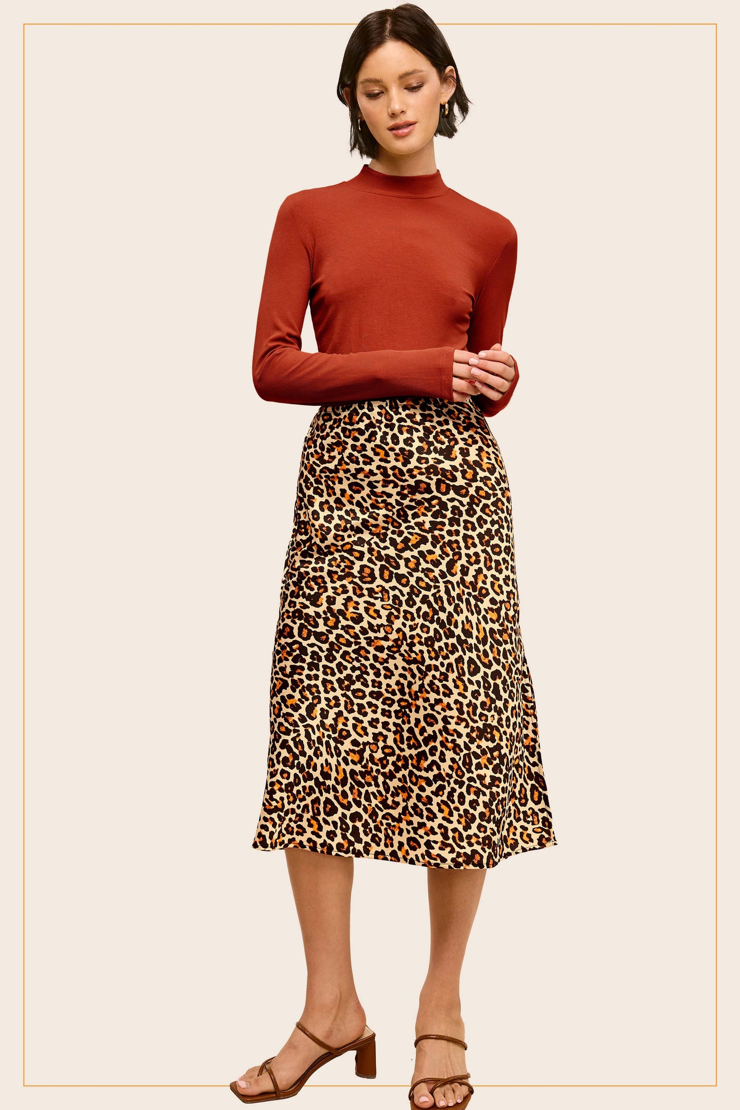 High-Waisted Midi Length Satin Effect Leopard Skirt