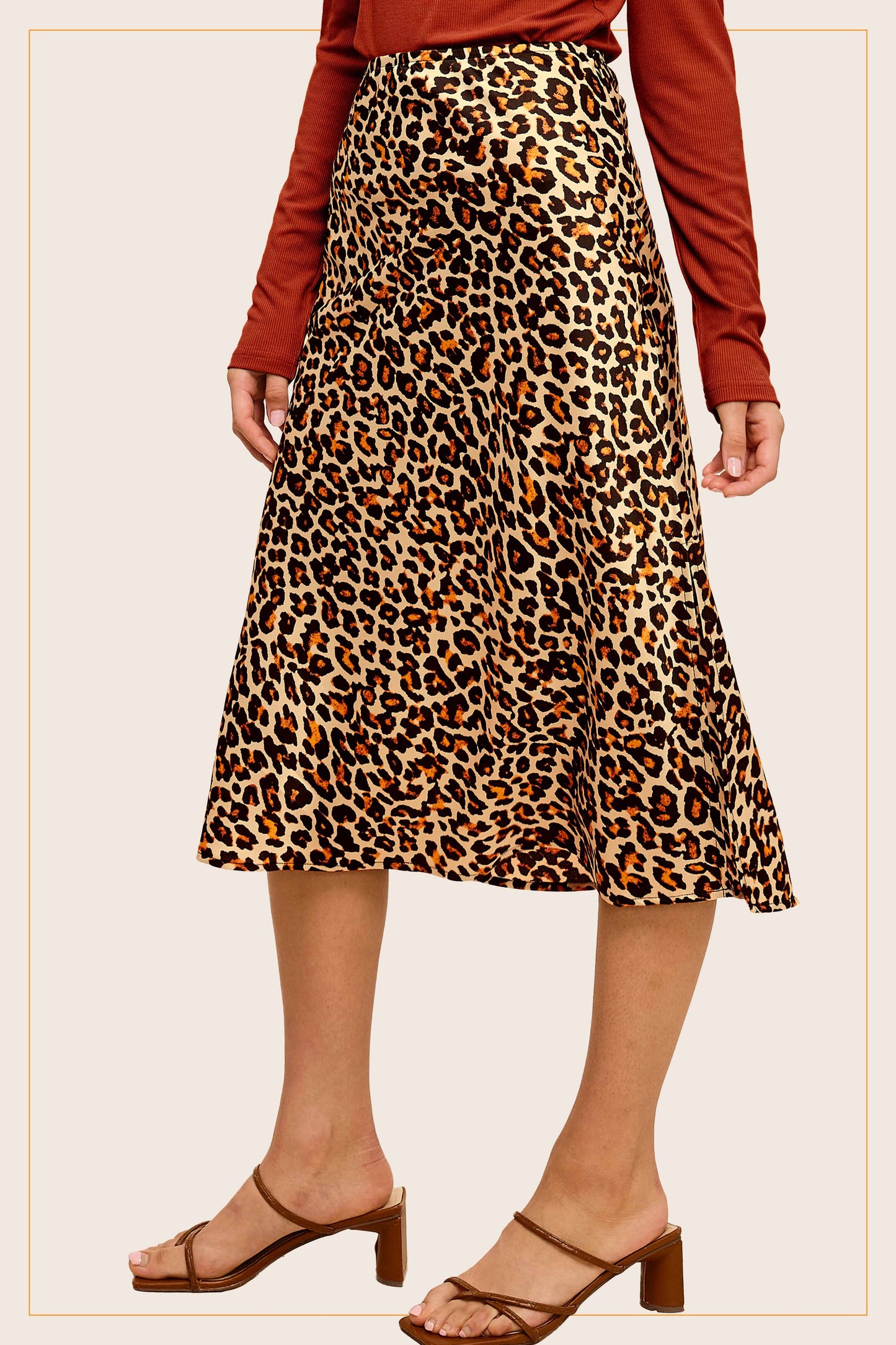 High-Waisted Midi Length Satin Effect Leopard Skirt