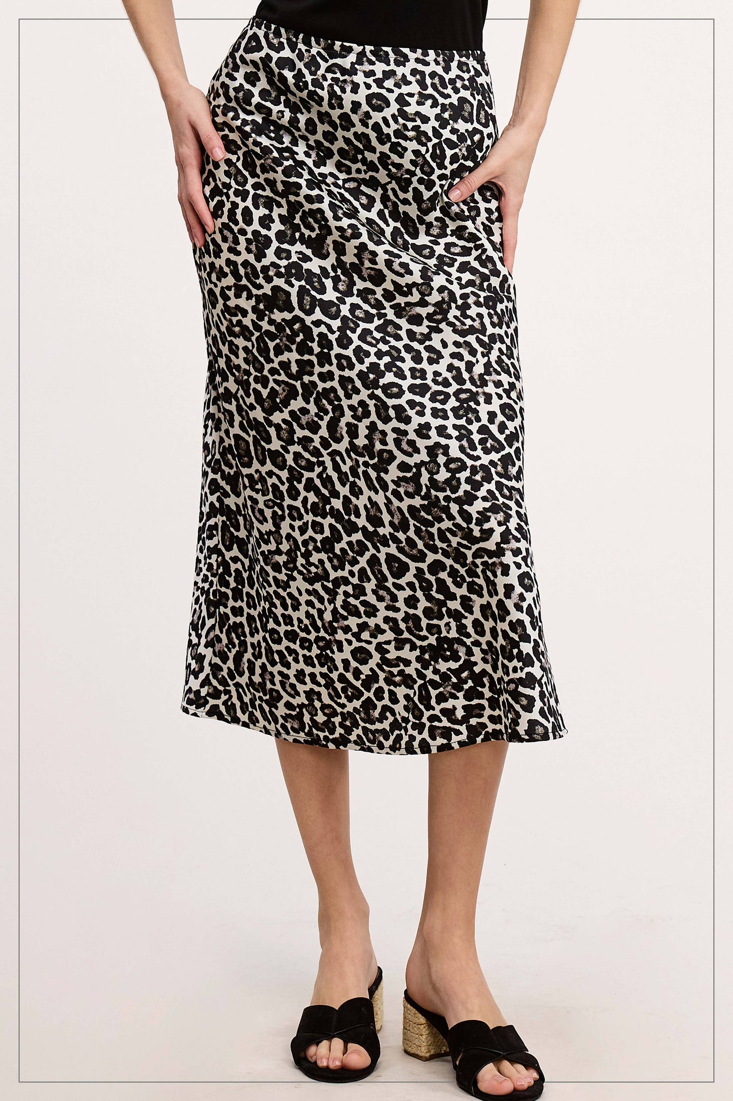 High-Waisted Midi Length Satin Effect Leopard Skirt
