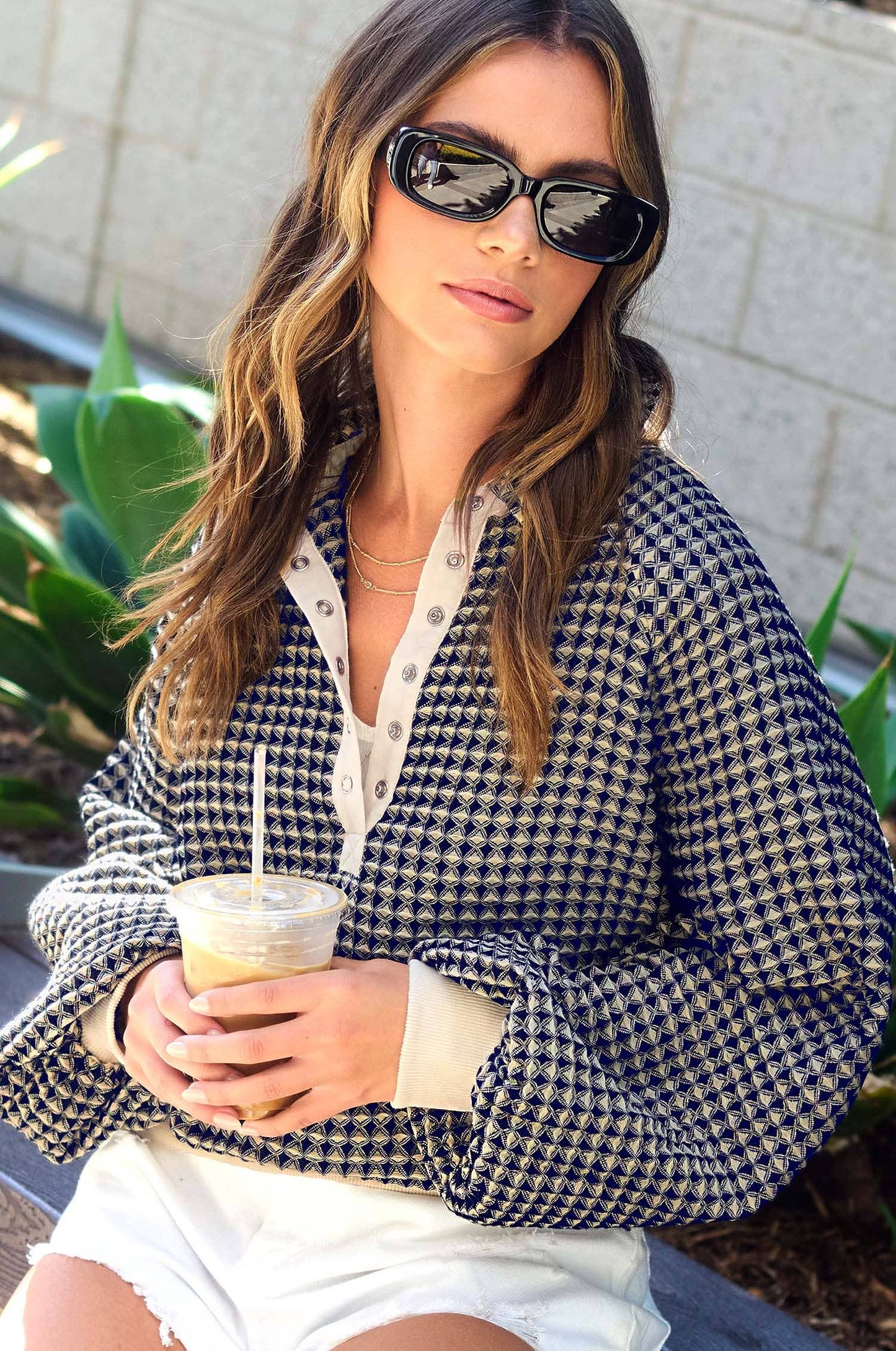 Unique Two Tone Textured Snap Button Front Top