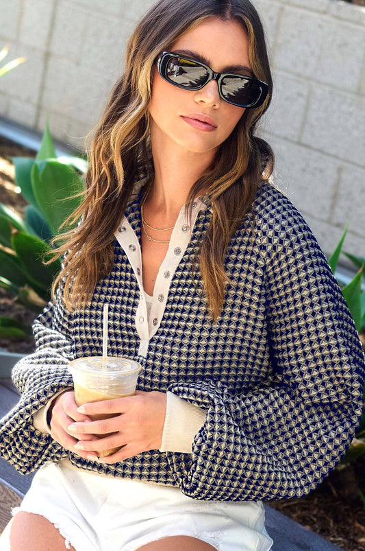 Unique Two Tone Textured Snap Button Front Top