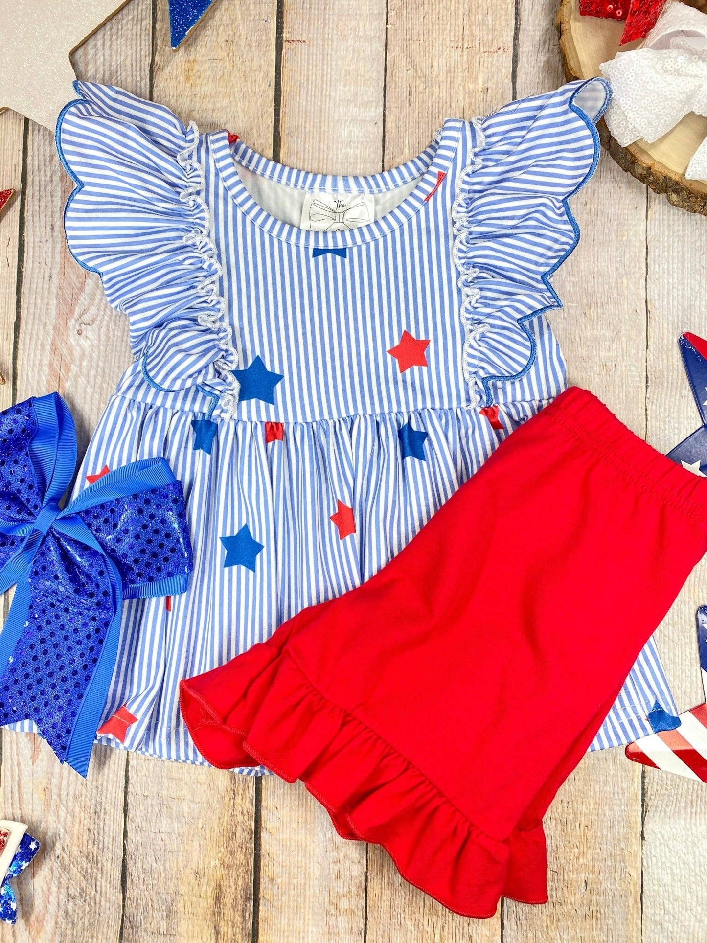 Blue Stripe Star Ruffle Shorts Set | Girls Patriotic Flutter Sleeve Outfit