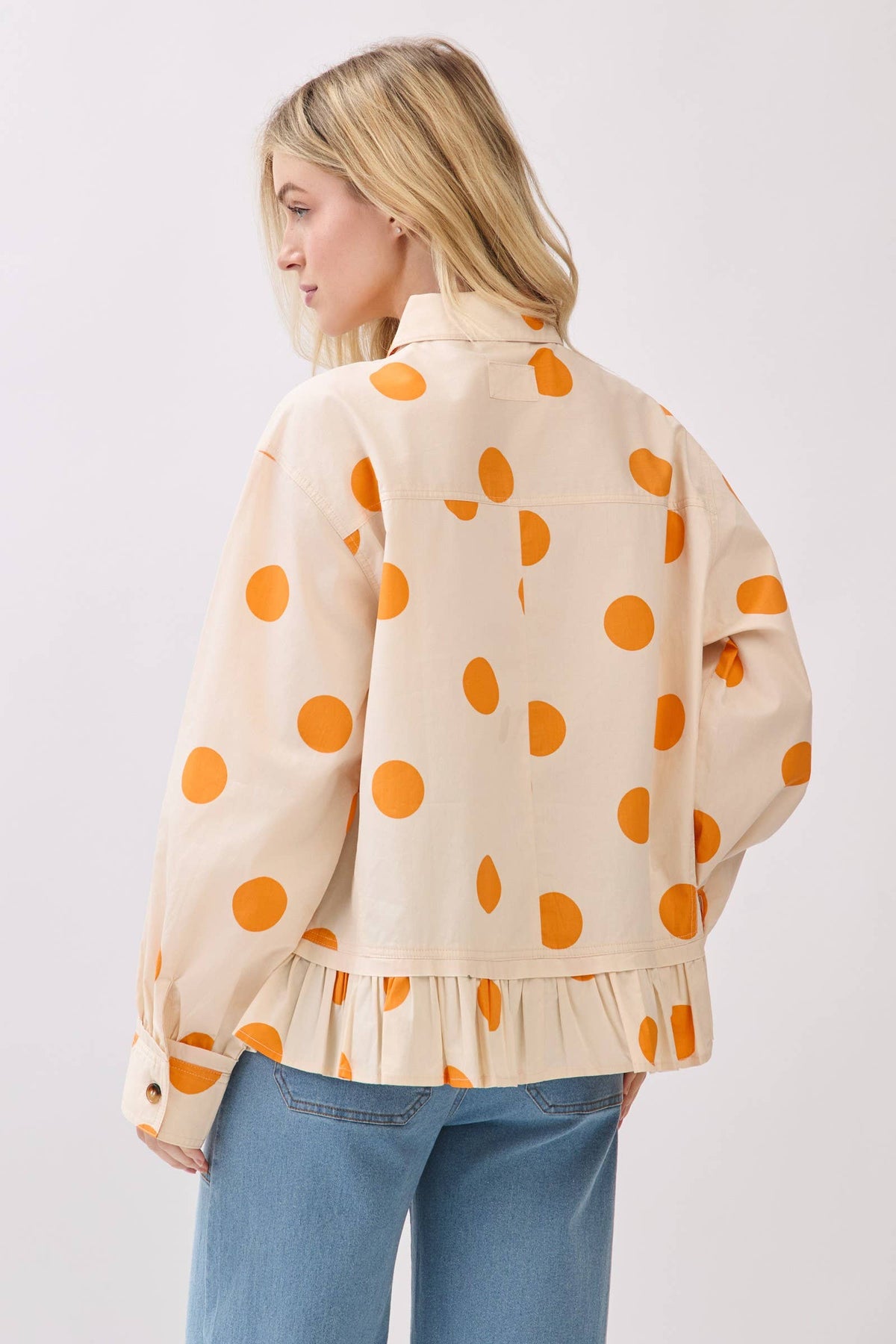 Polka Dot Ruffle Hem Long Sleeve Shirt