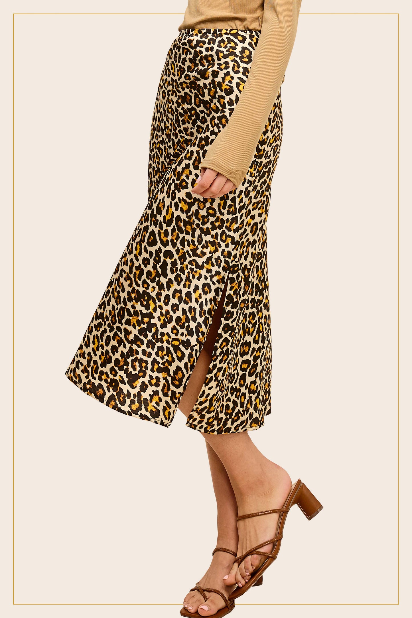 High-Waisted Midi Length Satin Effect Leopard Skirt