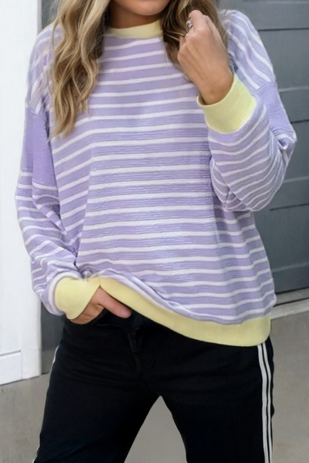 Striped Trim Colorblock Patchwork Knit Top (S-XL)